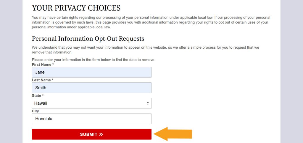 Submitting first name, last name, city, and state to opt out of HawaiiCourtRecords.us