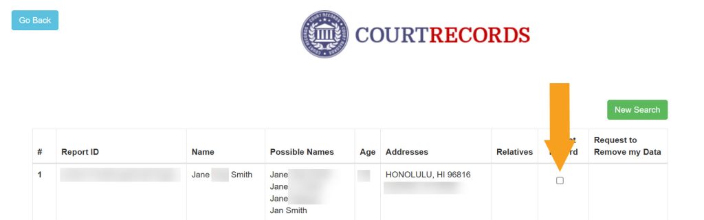 Selecting a record to remove from Hawaii Court Records