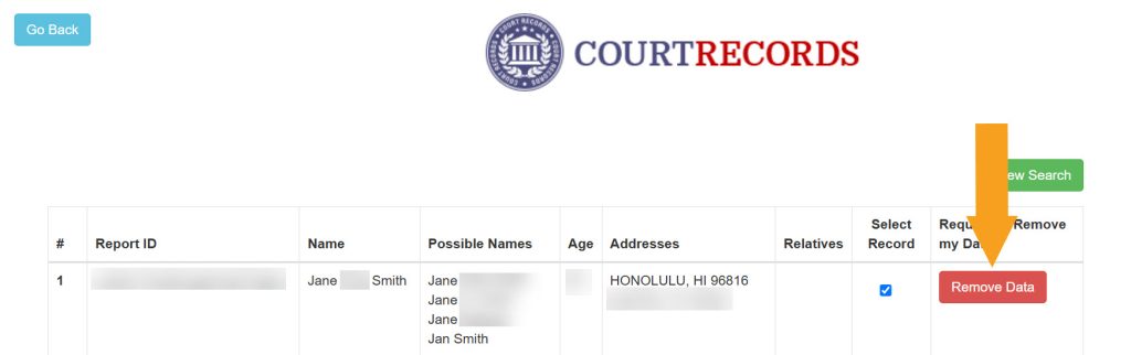 Clicking the "Remove Data" button to opt a record out of Hawaii Court Records