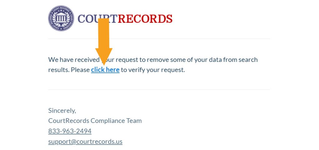 Opt-out verification email link from IndianaCourtRecords.us