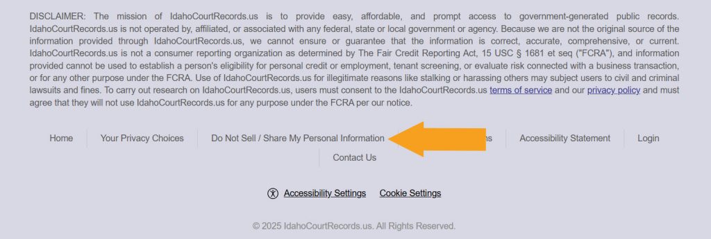 "Do Not Sell/ Share My Personal Information" link pointed at in the  IdahoCourtRecords.us footer
