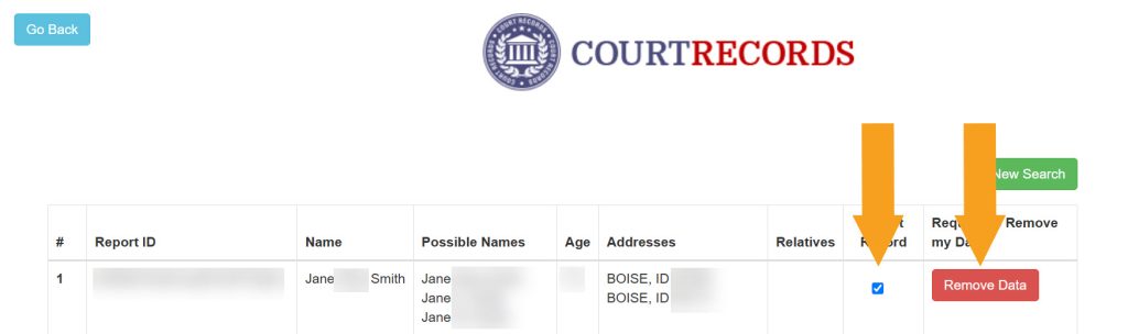 Selecting a record to remove from IdahoCourtRecords.us