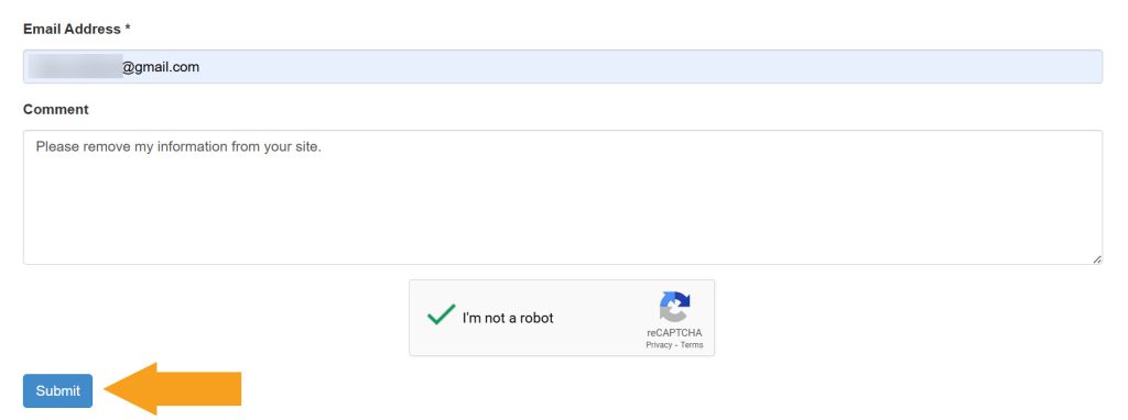 Submitting email and comment to opt out of IdahoCourtRecords.us