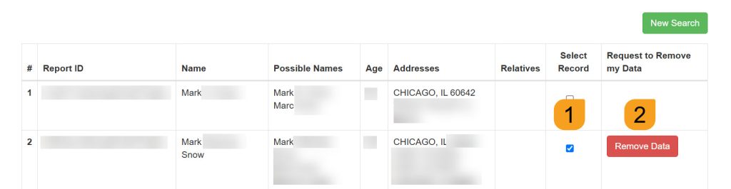 Selecting a record to remove from IllinoisCourtRecords.us