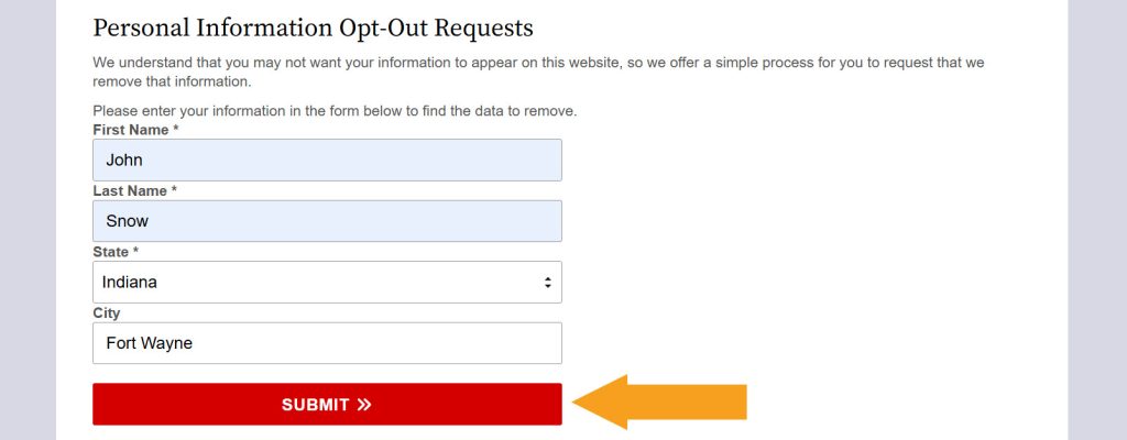 Filled out "Personal Information Opt-Out Requests" form on IndianaCourtRecords.us