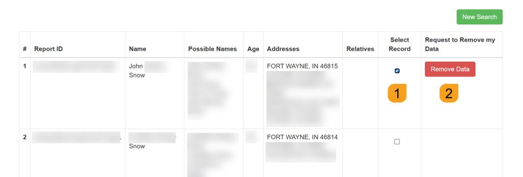 Selecting a record to remove from IndianaCourtRecords.us