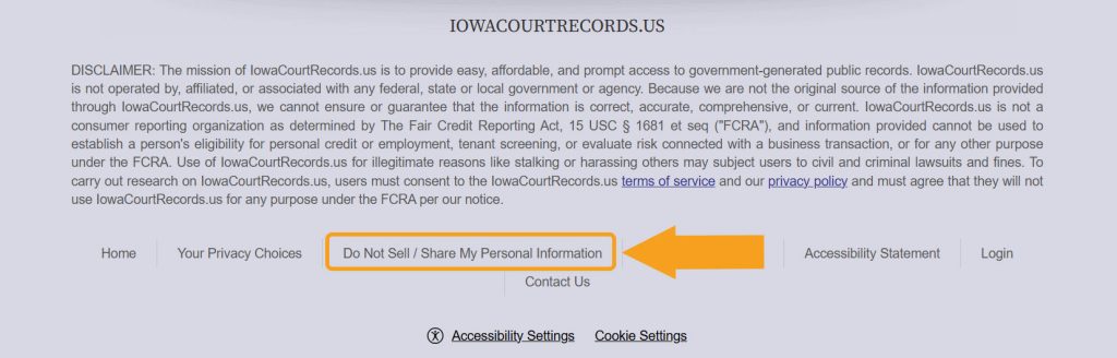 "Do Not Sell/ Share My Personal Information" link pointed at in the IowaCourtRecords.us footer