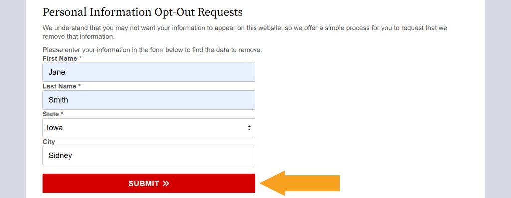 Submitting first name, last name, city, and state to opt out of IowaCourtRecords.us