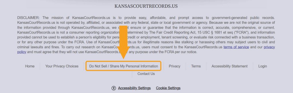 "Do Not Sell/ Share My Personal Information" link pointed at in the KansasCourtRecords.us footer