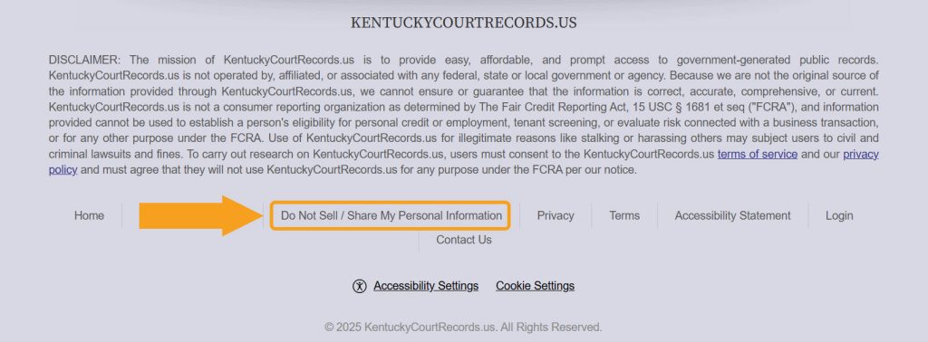"Do Not Sell/ Share My Personal Information" link pointed at in the  KentuckyCourtRecords.us footer