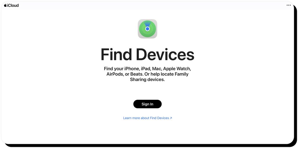 "Find Devices" page on Apple to locate lost devices