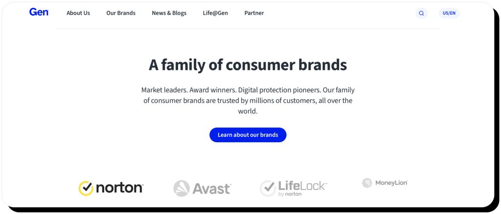 Gen Digital websites showing their brands, including Norton and Avast