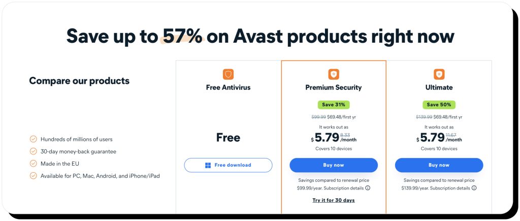 Avast pricing on its website with free and paid plans