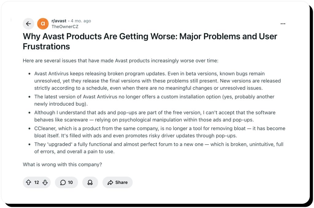 Reddit user posts their opinion on why Avast products worsen over time