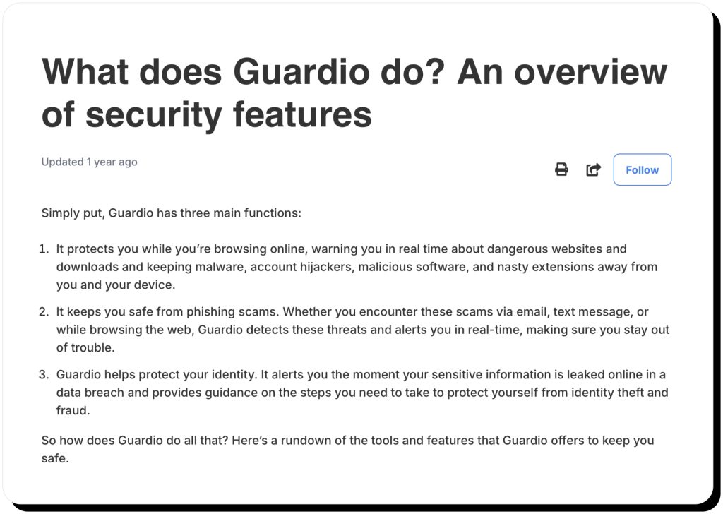 Guardio describes its 3 main functions (Guardio is a browser extension that protects your browsing activity)