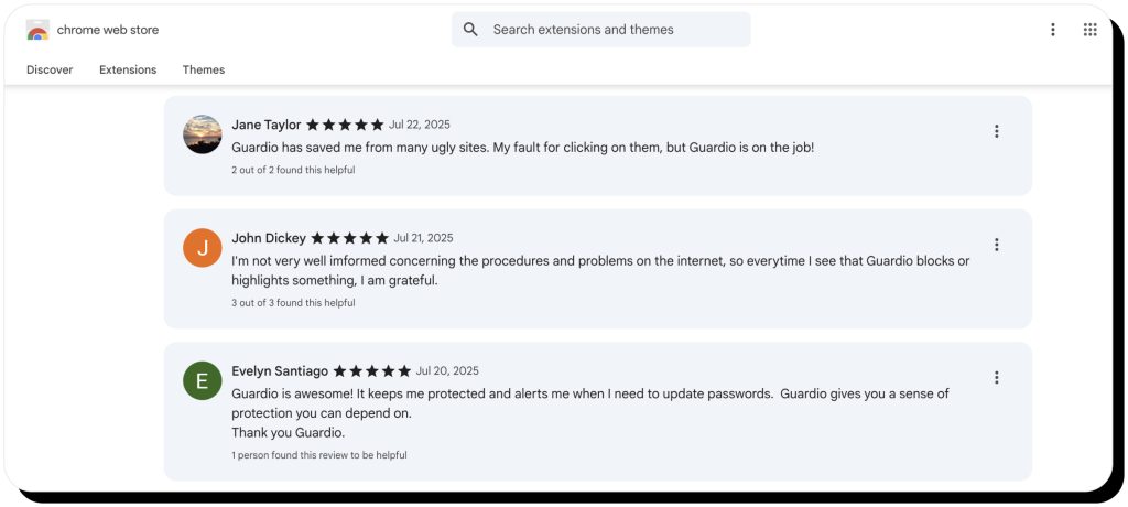 3 positive Guardio reviews on Chrome Web Store