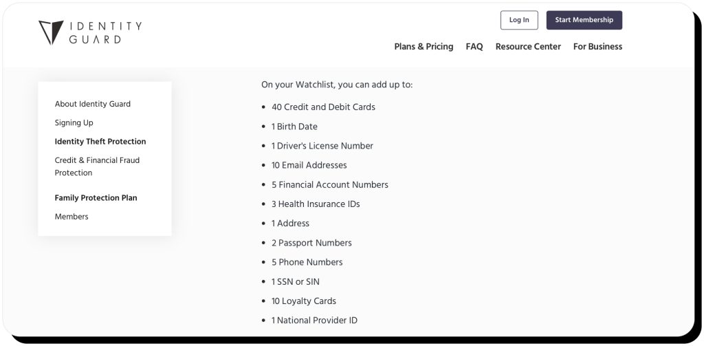 Identity Guard lists the personal details that can be added to the Watchlist for fraud monitoring