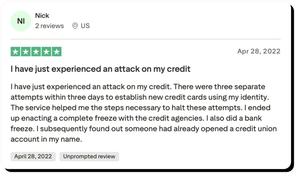 Identity Guard review on Trustpilot with positive feedback and 5 stars