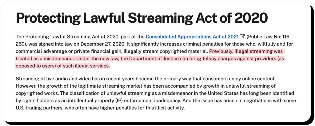 USPTO explains the Protecting Lawful Streaming Act of 2020, which makes TheTVApp.to illegal