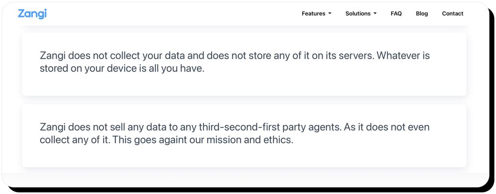 Zangi states that they don't store or collect user data on their website