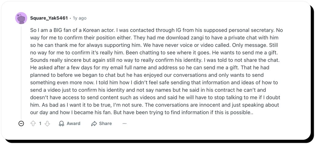 Reddit user describes a Zangi scam they've encountered where they were contacted by a supposed celebrity