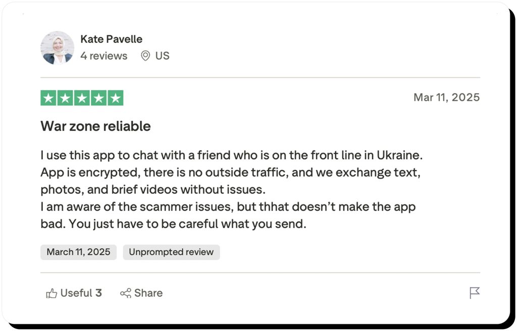 Zangi review in Trustpilot states that zangi is "war zone reliable"