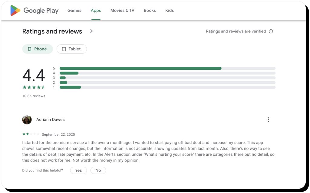 myFICO review on Google Play, where it has a 4.4/5 rating