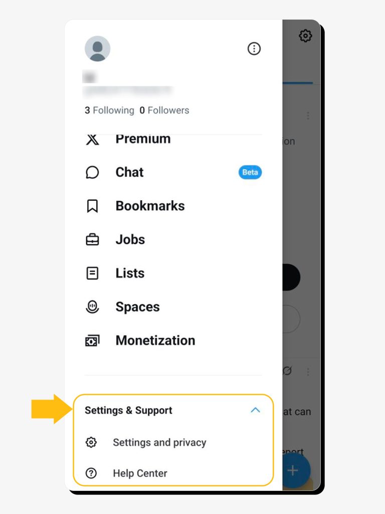 Going to Settings & Support on mobile on X to go to account deletion