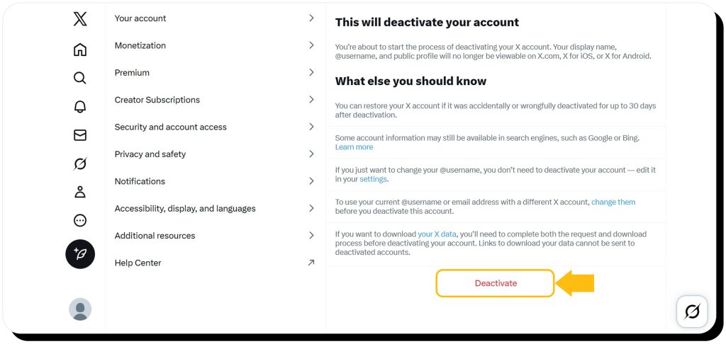Clicking "Deactivate" on desktop on X to delete an account