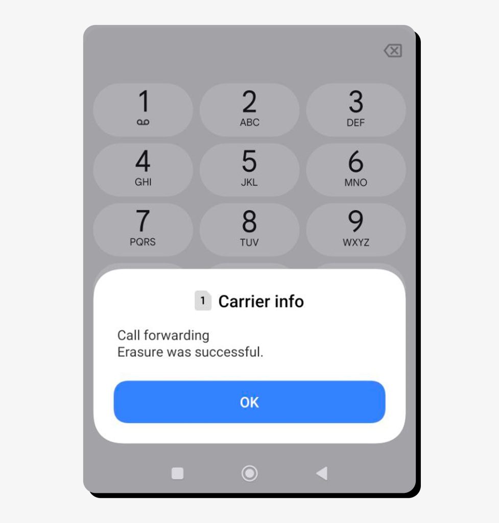 Phone screen with call forwarding erasure via the ##002# code