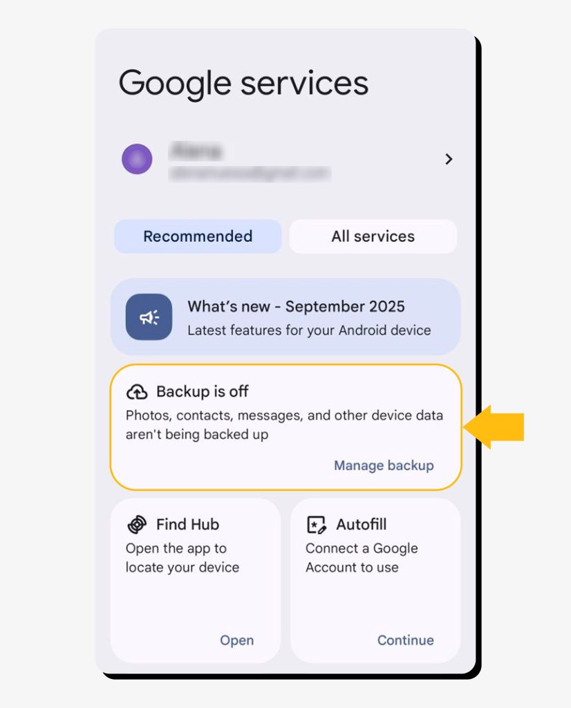 "Backup is off" highlighted on Android phone screen