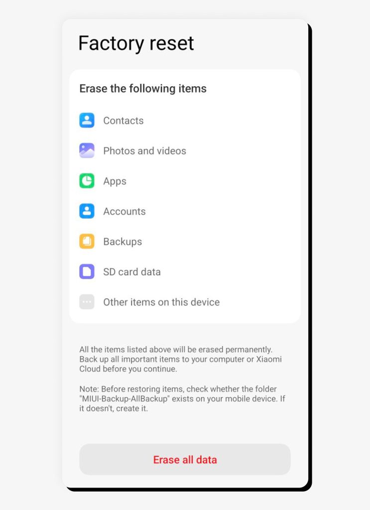 Factory reset screen on Android
