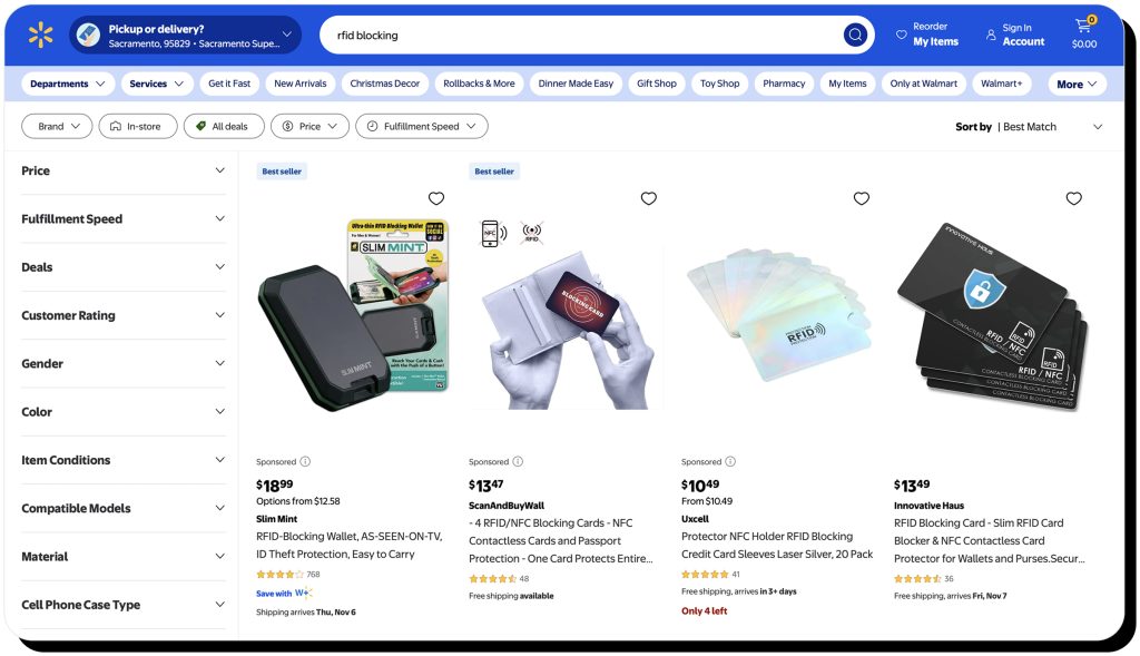 RFID blocking products sold on the Walmart site