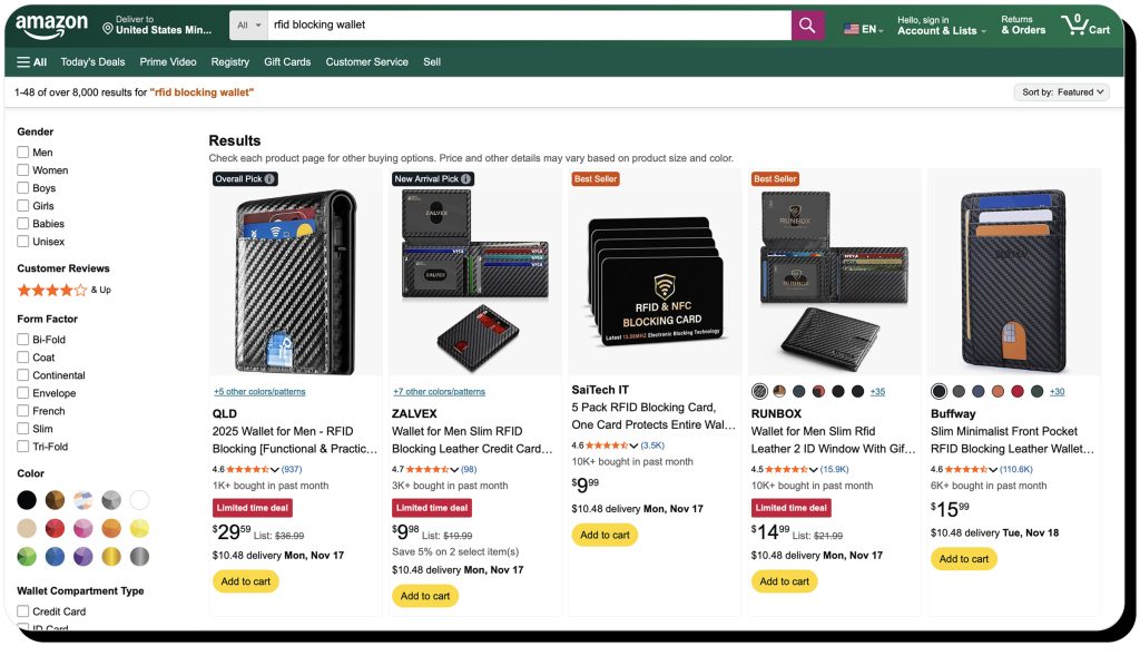 RFID blocking wallets sold on Amazon
