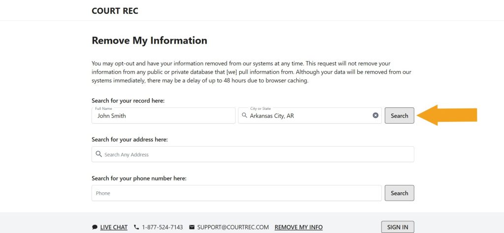 Profile lookup page to opt out of CourtRec.com