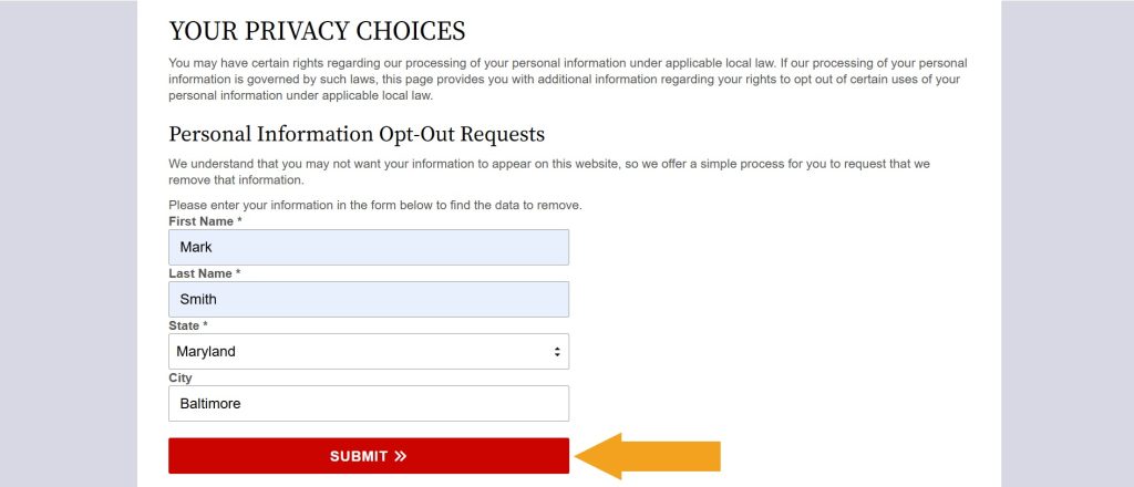 Person search page to opt out of MarylandCourtRecords.us 