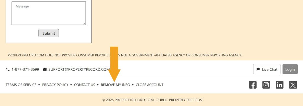 PropertyRecord.com website with the link pointed at "Remove my info" in the footer