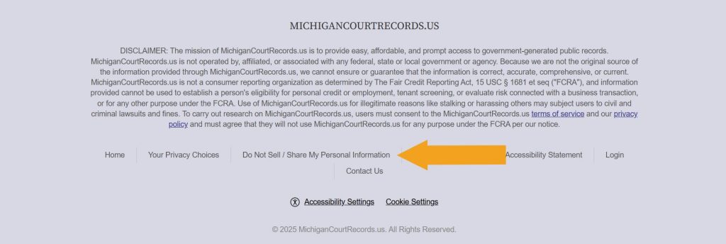 MichiganCourtRecords.us site footer with the "Do Not Sell / Share My Personal Information" link pointed at