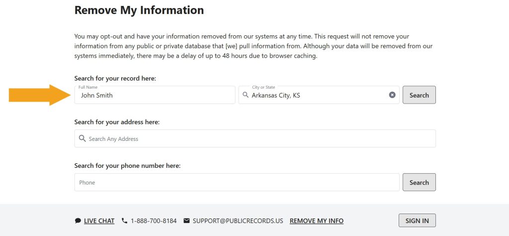 Profile lookup page to opt out of PublicRecords.us