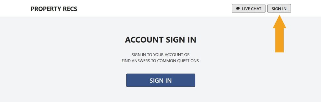 MyPropertyRecs.com home page with the "Sign in" button pointed at.