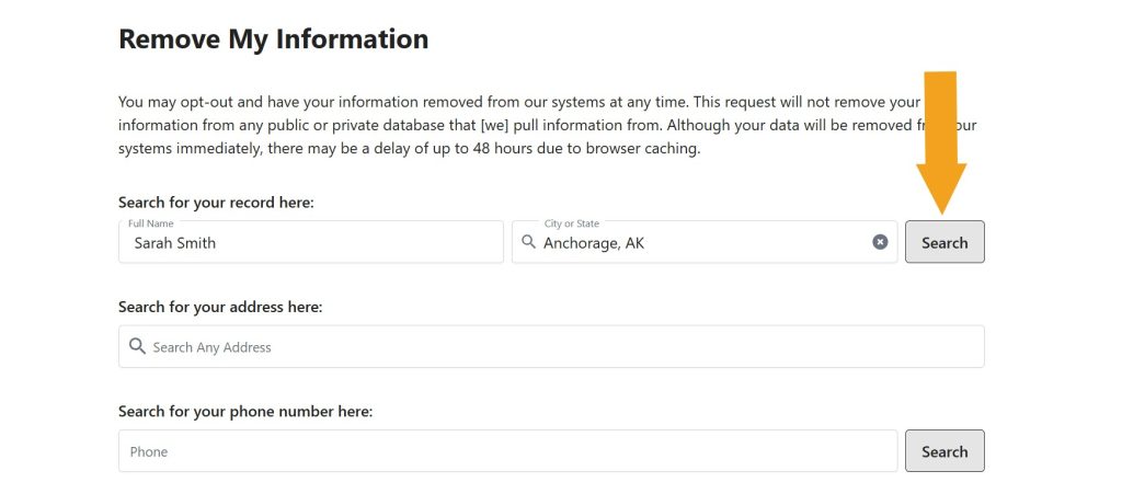 Search page for record removal from PropertyRec.com