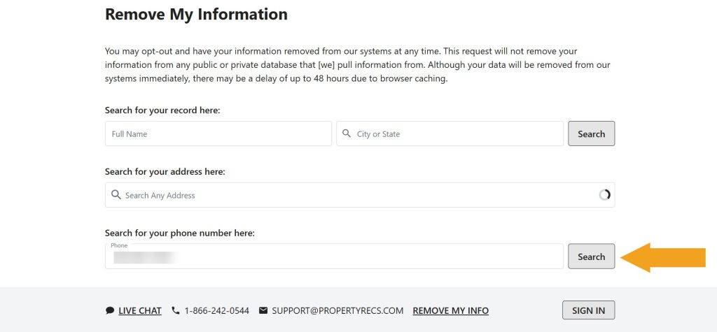 PropertyRecs.com record lookup to opt out