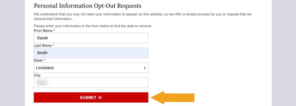 Initiating a record lookup to opt out of LouisianaCourtRecords.us