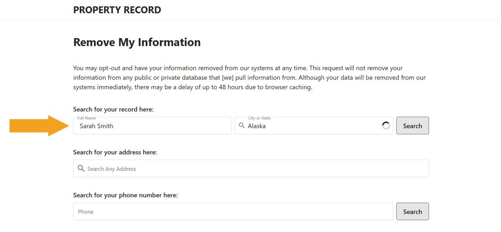 Profile lookup page to opt out of PropertyRecord.com