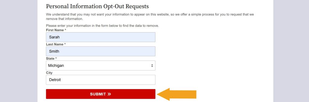 Submitting the "Personal Information Opt-Out Requests" form on MichiganCourtRecords.us