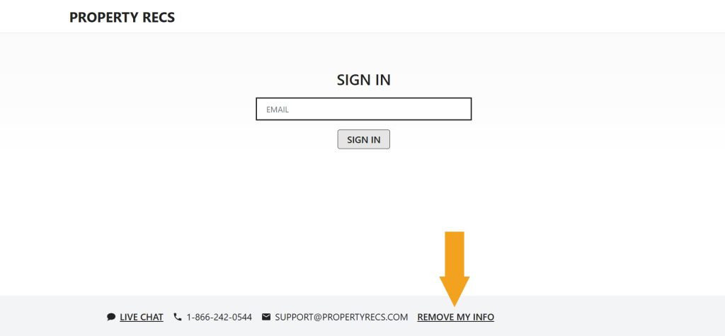 The "Sign in" page on MyPropertyRecs.com with the "Remove my info" link pointed at