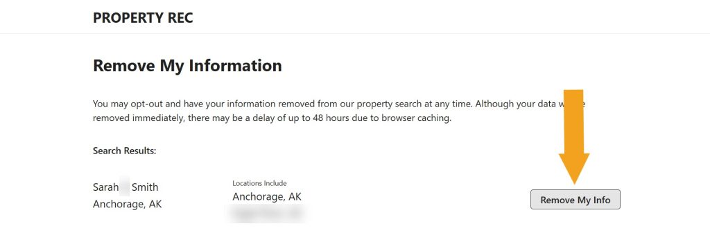 Search results page for record removal from PropertyRec.com with a "Remove my info" button pointed at