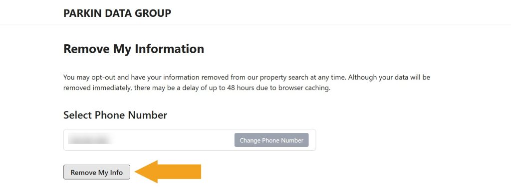 Removal request page for a phone number on ParkinDataGroup.com
