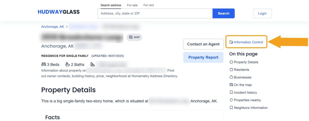 Property profile on HudwayGlass.com with the "Information control" link pointed at