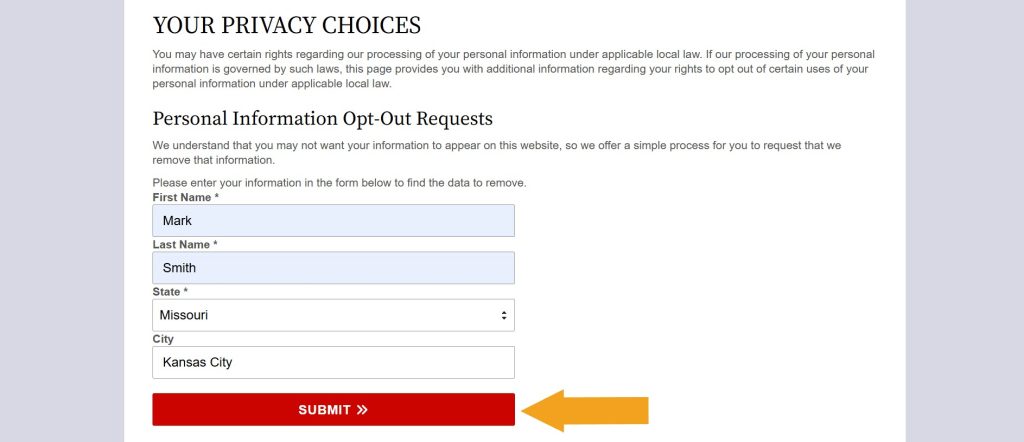 Person search page to opt out of MissouriCourtRecords.us
